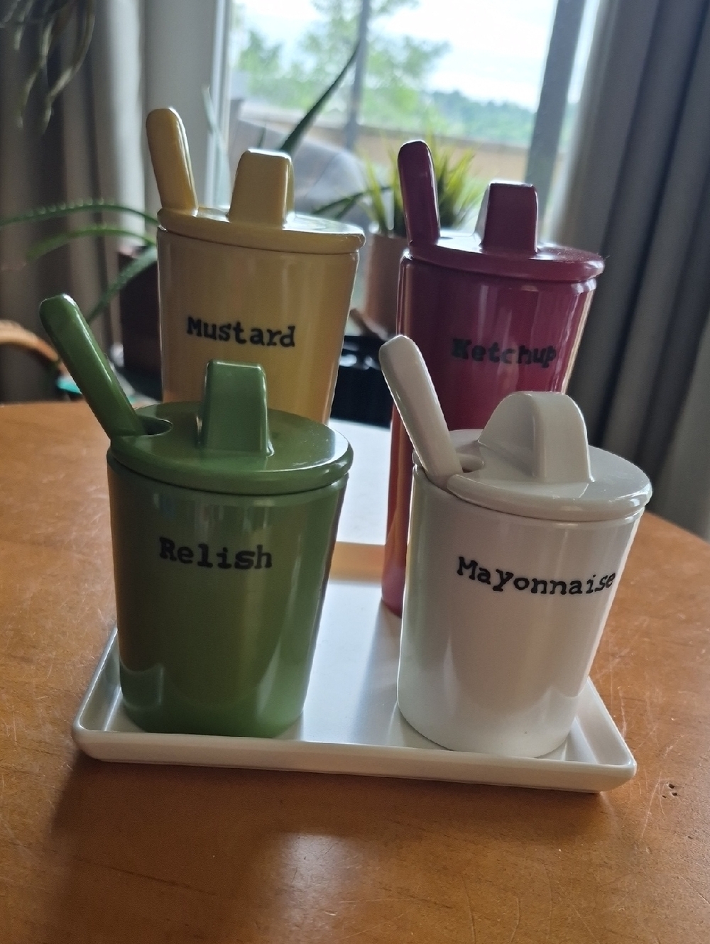 Pottery Barn Picnic Condiment Set - Mustard, Ketchup, Relish, Mayo. With tray